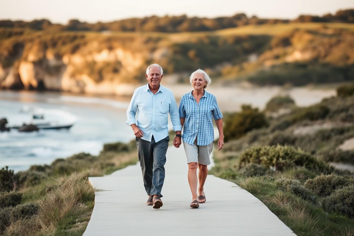 Older Australian couple walking along a coastal path