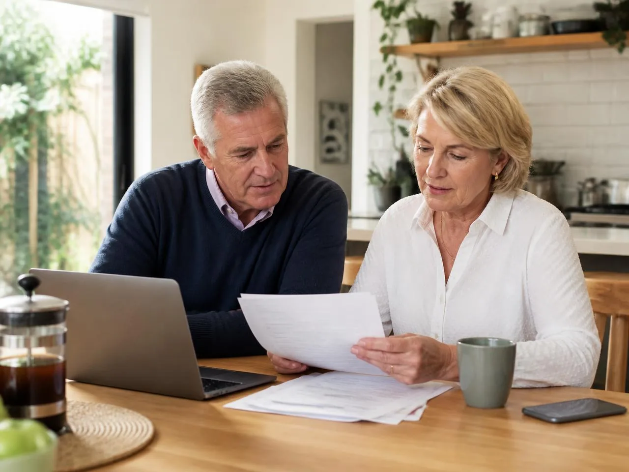 Older Australian couple discussing paperwork in their kitchen
